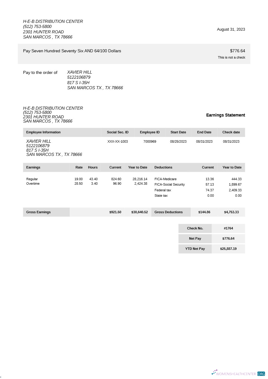 Download H E B Distribution Center earning statement template in Word and PDF formats.pdf, 1 Photoshop template